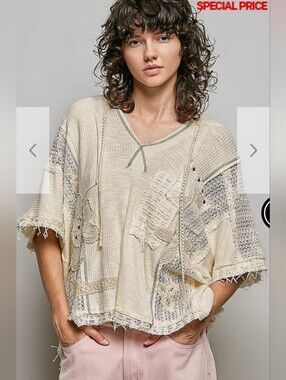 POL Distressed Crochet-Panel V-Neck Tunic in Cream